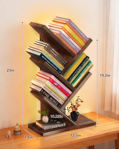 Godferyxin Bookshelf with Liting,Small Bookcase LED and Desktop Book Shelf for Office, Home or School Small Bookshelf for Wood Displaying Books, CDs, Magazines Wood Book Rack-Mini Bookcase - color: 5tier-bookshelf With Liting Vintage
