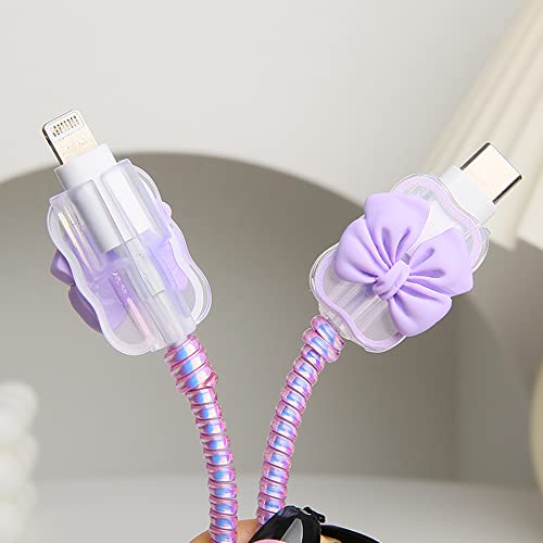 Compatible with iPhone 18W/20W USB-C Charger Cover Cute 3D Bow Tie Design Clear Soft Charger Protector Kawaii Cable Saver for iPhone 11 12 13 14 Pro Max Fast Power Adapter, Purple 2 (5in1) - color: Purple 2 (5 in 1)