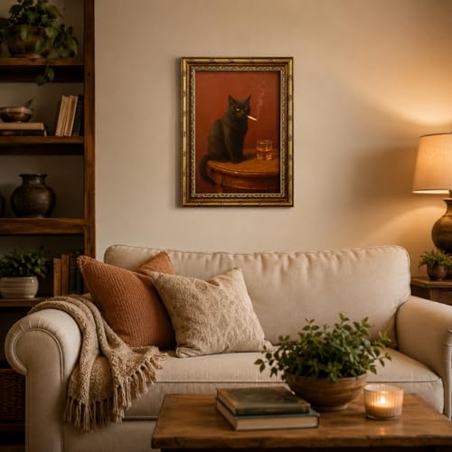Electrilucn Vintage Gold Framed Black Cat Wall Art Humor Smoking Cat Portrait Canvas Prints Poster Moody Whimsical Animal Pictures Funny Rustic Wall Decor for Living Room Bedroom Bathroom 9x11in - color: Smoking Cat, size: 11"L x 9"W