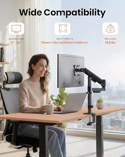 ErGear Single Monitor Arm, Adjustable Desk Gaming Monitor Mount for 13-34″ Screens, Up to 19.8 lbs, Enhanced Stability with Integrated C-Clamp, Upgraded Cable Management, VESA 75x75/100x100mm, Black - size: 17"-34", style: Single Arm