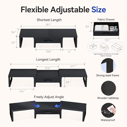 Dual Monitor Stand Riser, Desk Organizers and Accessories with Drawer, Computer Monitor Stands for Desk, Adjustable Desktop Shelf for PC Laptop Printer TV, Black