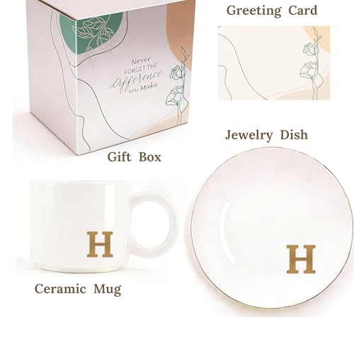 RainVibe Elegant Gift Set for Women – Personalized Monogram Ceramic Mug & Jewelry Tray – 12 oz Gold-Initial Coffee Cup with Gift Box, 4.75" Decorative Dish for Rings, Earrings, Keys (Letter H) - color: Letter H