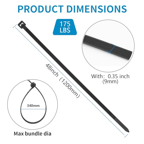 25PCS 48 inch Cable Zip Ties Heavy Duty 175lbs Tensile Strength Nylon Long Wire Ties Self-Locking Durable Plastic Tie Wraps for Indoor and Outdoor UV Resistant(White) - color: White, size: 48 inch(175lbs)