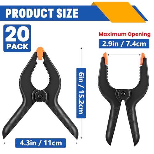 20 Pack 6 inch Plastic Spring Clamps, Black Heavy Duty Clips, Backdrop Clips, Plastic Clamps for Crafts, Backdrop Stand, Woodworking, Photography - size: 6in-20P