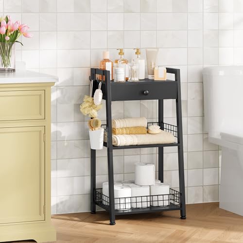 Gewudraw 3-Tier Ladder Shelf with Drawer, Bathroom Table Stand for Small Space, Standing Bathroom Shelves with Storage for Living Room Kitchen Bedroom, Organizer Shelf, Black - color: Black, size: 3 Tier Standard