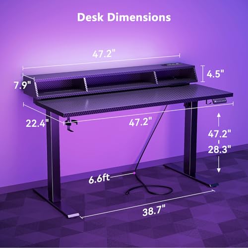 OffiGo Gaming Standing Desk with LED Light, 48 Inch Electric Height Adjustable Table with Power Outlet & Floating Monitor Stand, Sit Stand Computer Workstation for Home, Bedroom, Black