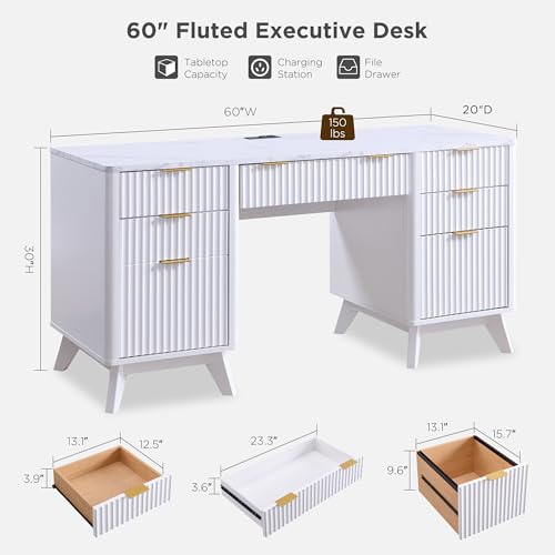 T4TREAM 60'' Fluted Executive Desk with Drawers, Modern Home Office Computer Desk with Charging Station, Keyboard Tray, File Drawer and Storage Cabinet for Study, Living Room, Bedroom, Solid White - color: Solid White