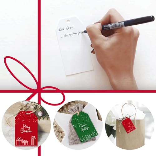 Christmas Gift Tags with String - 80 Red & Green Holiday Tags, 8 Minimal Line-Art Designs - 350gsm Christmas Name Tags for Gifts & Presents - style: Linedrawing