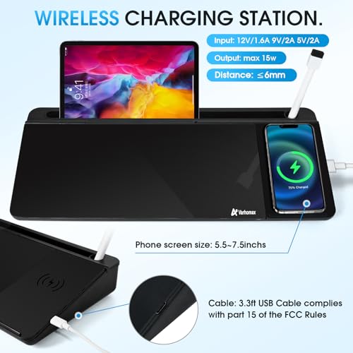 Varhomax Glass Desk Whiteboard Black with Wireless Charger, Desktop Dry Erase White Board with Storage,to Do List Memo Notepad for Home and Office - color: Wireless Charger-black