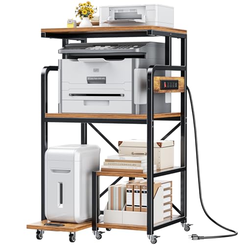 POKIPO Large 4 Tier Printer Stand, 26.7 x 21.2 x 50.2 Inches Tall Printer Cart with Power Outlets 4-Adjustable Heavy Duty Rolling Shelf for Home Office Kitchen Stand for Paper Shredder Mini Fridge