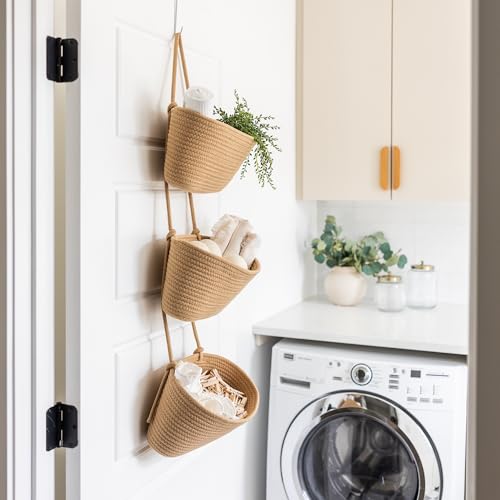 3-Tier Over the Door Hanging Basket (Set of 2) Adjustable, Detachable Woven Storage Baskets with Wall and Door Hooks - Decorative Boho Organizer for Nursery, Playroom, Bedroom, Kitchen, Apartment