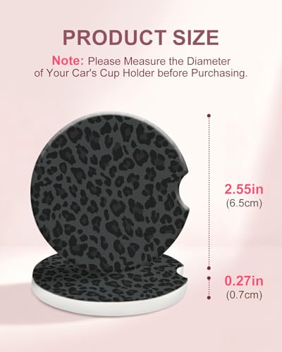 Swooflia Car Coasters for Women - Classic Black Leopard Car Cup Coasters Absorbent Cup Holder Coasters for Car 2 Pcs Ceramic Car Cupholder Coaster with Cork Base Car Interior Accessories - color: Black and Grey Leopard Print