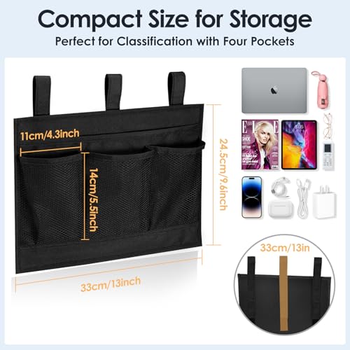 Bedside Caddy Storage Organizer, Hanging Storage Bag Pocket for Bunk/Hospital Beds,College Dorm Organizer for Remotes Phone,College Dorm,Camp,Bed Rails(4 Pockets),Black