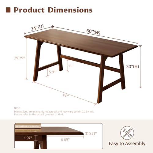IOTXY Solid Wood Writing Table - 60" W x 24" D Minimalist Computer Desk for Home Office, Work, Study, Creativity, and PC Workstation, Walnut - color: Walnut, size: 60" W