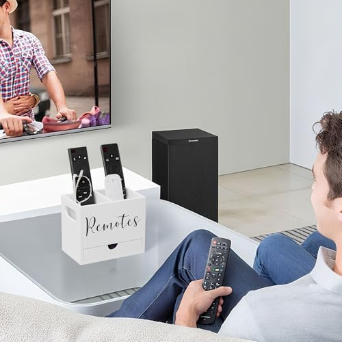 Remote Control Holder, TV Remote Holder with Drawer, Wood Remote Control Organizer for Table, Media Storage Box for Nightstand, Living Room (White,2 Slots) - color: White - 2 slot