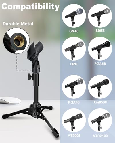 Desktop Mic Stand Portable Foldable Tripod with Mic Clip Holder and 5/8" Male to 3/8" Female Screw Adjustable Microphone Stand.