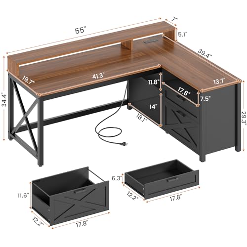 SEDETA L Shaped Gaming Desk with Drawers, 55" Farmhouse Computer Desk with File Drawer and Storage Shelves, Corner Gaming Desk with LED Lights and Monitor Shelf, Black and Brown - color: Black and Brown