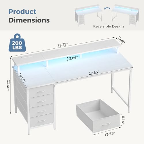 DUMOS 40 Inch Computer Desk with 4 Drawers, Gaming Desk with Power Outlets and LED Lights, Office Workstation for Small Spaces with Monitor Shelf, Writing Table for Home Office Bedroom Study White