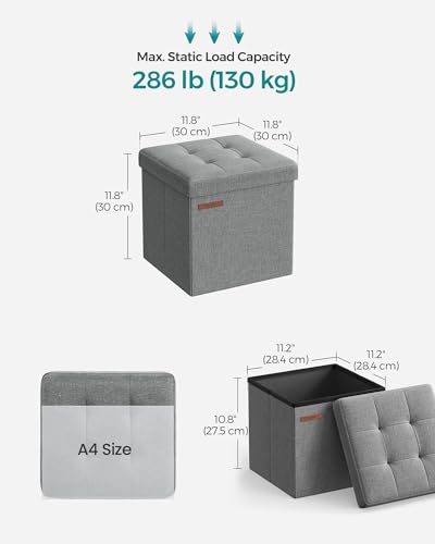 SONGMICS Storage Ottoman, Foldable Small Ottoman Foot Rest, 11.8 Inches Foot Stool, Cube Ottoman with Storage, Load up to 286 lb, for Living Room, Bedroom, Dorm, Light Gray ULSF028G02 - color: Light Gray, size: 11.8"D x 11.8"W x 11.8"H
