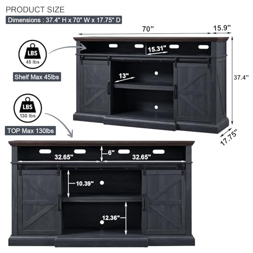 Farmhouse TV Stand for 80 Inch TVs, 37.4"Tall Entertainment Center w/Storage Cabinets and Sliding Barn Door, Media Console Cabinet w/Soundbar & Adjustable Shelves for Living Room, 70 inch (Dark Grey) - color: Dark Grey