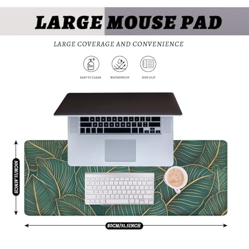 Tropical Jungle Mouse Pad Green Banana Leaf Gold Leaves Large Desk Mat Extended Large Laptop Keyboard Non-Slip Rubber Base with Stitched Edges for Home 31.5 x 11.8 Desk Home Office Gaming - color: Tropical Jungle, size: 31.5" x 11.8"