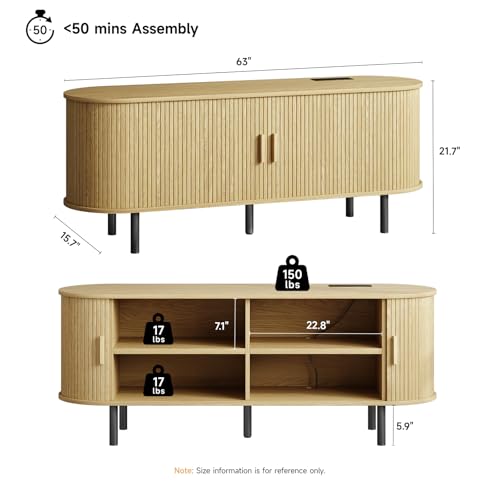 ONBRILL 63" TV Stand with Power Outlet for TVs up to 70 Inch, Entertainment Center with Storage and Adjustable Shelves, Modern Media Console with Sliding Doors for Living Room, Oak - color: Oak, size: 63 Inch
