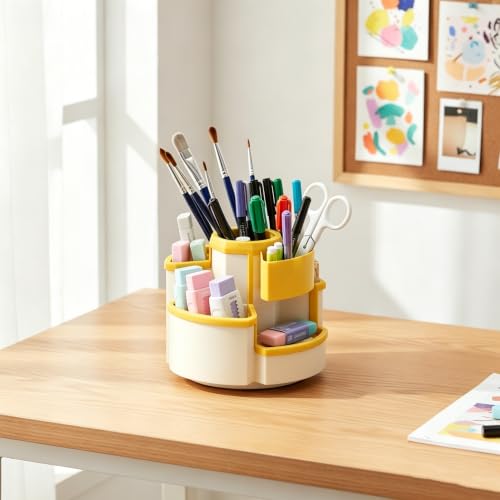 Saikv Pencil Holder Ratating Pen Organizer for Desktop Accessories Stationary Organizer (White & Yellow) - color: White & Yellow