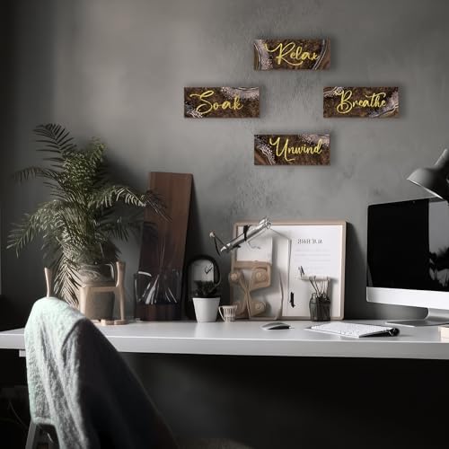 ONIZHITY 4 Pcs Brown Gold Bathroom Decor Brown Gold Wall Decor Relax Soak Unwind Breathe Wooden Rustic Marble Style Bathroom Accessories for Bedroom Living Room Office Kitchen(10X4) - color: Brown Gold, size: 10 X 4 Inch