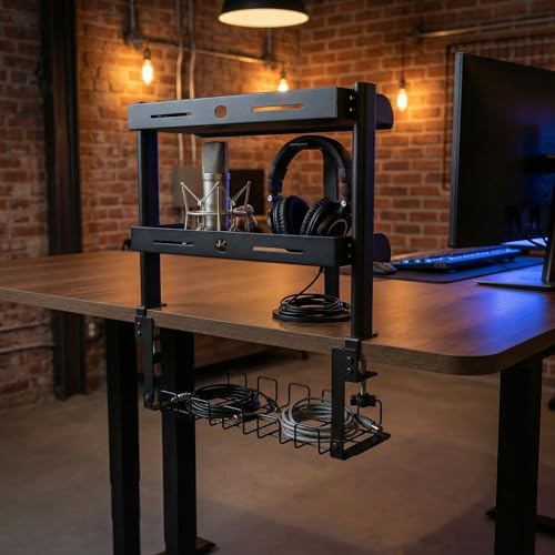Clamp On Desk Shelf, 17'' 2-Tier Desktop Organizer Shelf with Under-Desk Hidden Storage Basket, Heavy-Duty Desk Shelves for Top of Desk, Space-Saving Desk Storage for Home Office Gaming Setup (Black)