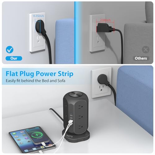 Long Extension Cord 15 ft Power Strip Tower, Surge Protector 12 AC Outlets 4 USB(1 USB C) Ports, Charging Tower Overload Protection with Multiple Outlets for Home Office - color: Black, size: 15FT