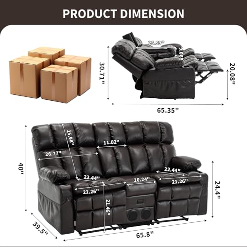 Loveseat Recliner Sofa with Massage & Heat, Flip Backrest, Reclining Home Theater Seating with Console, RV Couch Sofa with Bluetooth Speaker, USB/Outlet/Storage/Cup Holder/Side Pocket, Brown - color: Brown, size: Loveseat with Console