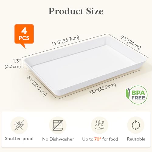 Lifewit 4 Pcs Large Serving Tray for Party, 15" x 10" Reusable Plastic Food Serving Platter for Dessert, Fruit, Cookies, Appetizers & Charcuterie, BPA-Free White Catering Trays for Buffets Display - size: Large (15" x 10")
