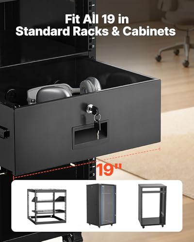 VEVOR 4U Rack Drawer, Lockable Server Cabinet Case, 13.8'' Depth Server Rack Mount Drawer, for 19'' Network Equipment/DJ/AV Rack or Cabinet Enclosure, 50 lbs Max Load, with Cable Management Holes - size: 4U