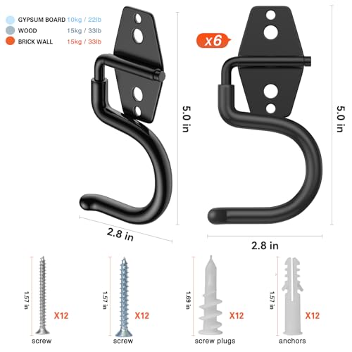 HUPBIPY 6 Pack Metal Garage Hooks, Heavy Duty S Hooks Tool Hangers for Garage Wall, Shed, Garden Storage Organizer - color: Black S Hook