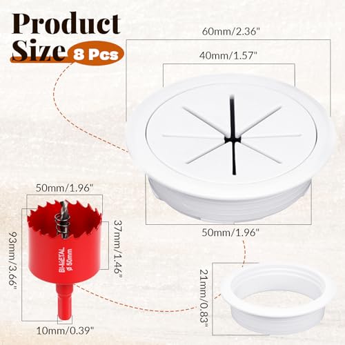 8 Pcs White Desk Grommet, 2 Inch Desk Hole Cover for Cables, Grommet Cover with Hole Saw for Table Cables Wire Home Office - color: White