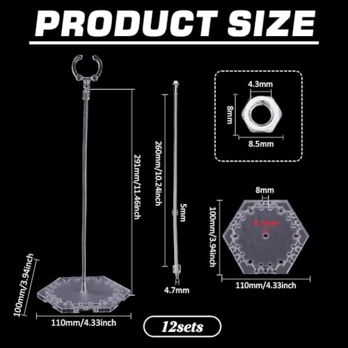FINGERINSPIRE 12pcs Plastic Action Figure Stands with Hexagon Base Clear Flexible Action Figure Display Holder with Adjustable Snake Bone Metal Support Arm Compatible with HG/RG 1/144 Figures
