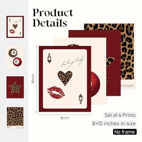 Locomiss Retro Funky Leopard Wall Art Posters, Cheetah Print Wall Decor, Trendy Feeling Lucky Poker 8 Ball Leopard Posters for Home Girls College Dorm Bedroom Decor, Set of 4(8x10 Unframed) - color: red