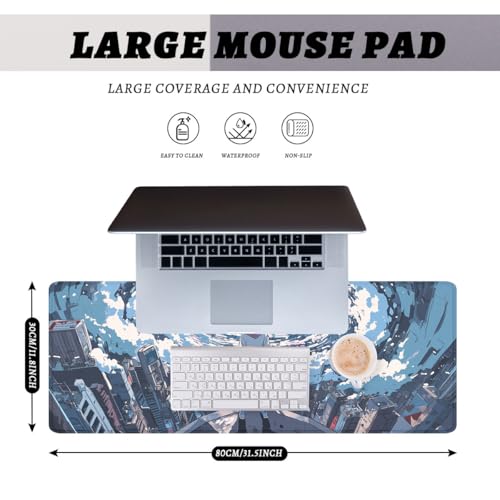 Japanese Anime Gaming Mouse Pad Cartoon Girl Cityscape Vortex Extended Mousepad Waterproof Stitched Edges Rubber Base Non-Slip Deskpad Computer Keyboard Mat 31.5x11.8 in - color: Japanese Anime, size: 31.5L x 11.8W inches