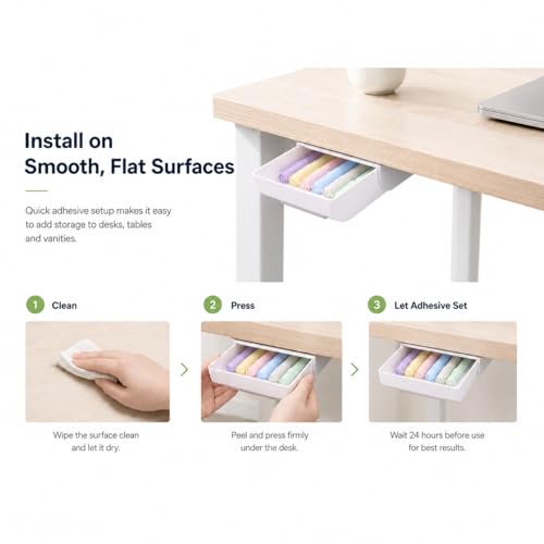 YOOUSOO 2 Pack Under Desk Storage Drawer Organizer, Hidden Slide Out Drawer Attachment, with Self - Adhesive Feature for Desktop and Table Organization, Hidden Under Desk - color: White:1small+1large