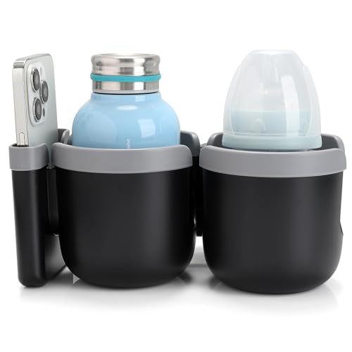 Accmor Stroller Cup Holder with Phone Holder, Bike Cup Holder, Universal Cup Holder for Uppababy Nuna Doona Strollers, 2-in-1 Cup Holder for Walker, Wheelchair, Scooter - color: Double Holder-Grey