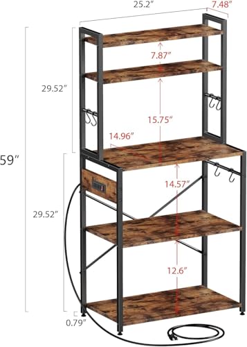 Luckyeestar 5 Tier Kitchen Bakers Rack with Power Outlet,25.2 Inch Metal Storage Shelf for Microwave, Coffee Bar, Spice Organizer, Freestanding Kitchen Cart with Hooks - size: 5-Tier 25.2 inches