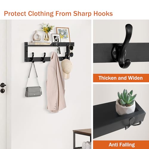 dreampossible Coat Rack Wall Mount with Shelf, Coat Hanger Wall Mount with Key Hooks and Mail Holder, Wood Entryway Floating Shelf with Hooks and Storage, Hat Rack for Wall Key Holder Mail Organizer - color: Black, size: 16.6 Inch Long