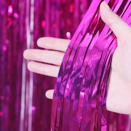 Voircoloria 3 Pack 3.3x8.2 Feet Pink Foil Fringe Backdrop Curtains, Tinsel Streamers Birthday Party Decorations, Fringe Backdrop for Graduation, Baby Shower, Gender Reveal, Disco Party - color: 03 Pink