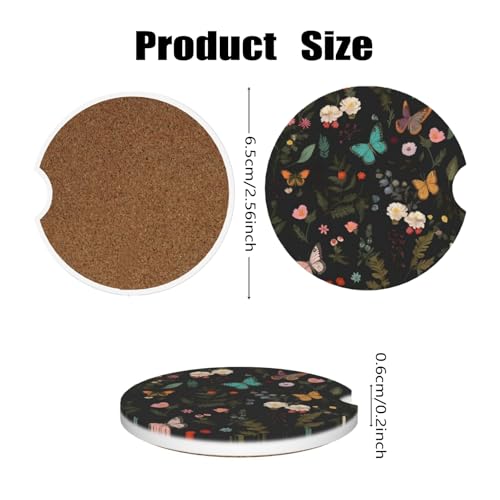 Car Cup Holder Coasters, 2 Pcs Ceramic Coasters with Finger Slot and Cork Back, Anti-Slip Shock Absorbing Women and Men Universal Car Accessories - Flower Butterfly - color: Flower Butterfly