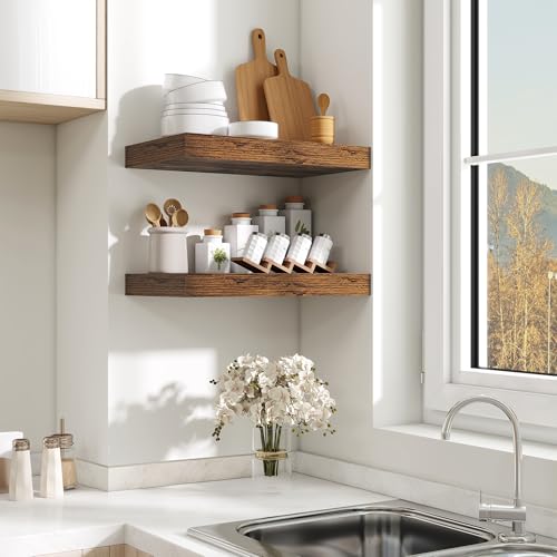Fun Memories Floating Shelves for Wall - 10 x 16 Floating Shelf - Rustic Wood Storage Shelf - Wall Shelves with Invisible Bracket - 16" Bookshelves for Living Room & Bedroom - Rustic Brown - Set of 2 - color: Brown Color, size: 16W x 10D x 1.5H