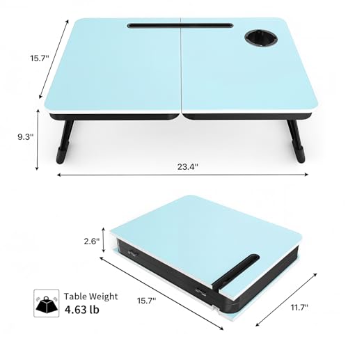 BUYIFY 23.4" Foldable Lap Desk Bed Table with Cup Holder Portable Tray Blue | Folds Flat for Easy Storage, No Assembly Laptop Bed Desk, Sturdy and Lightweight, Versatile for Work Eat Study, Patent Design - color: Blue