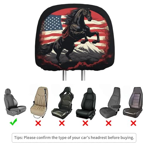 Dujiea 2 Pack Horse Jumping Mountain American Flag Car Headrest Covers, Universal Soft Car Seat Head Rest Cover Protector, Vehicle Accessories Fabric Headrest Cover for Cars Vans Trucks - color: Horse Jumping Mountain American Flag