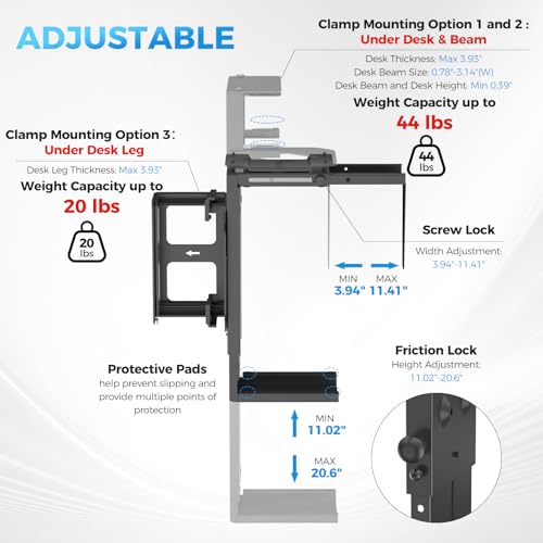 Suptek Clamp-on Desk or Desk Leg PC Mount,Adjustable Height and Width,CPU Under Desk Table Beam PC Mount Bracket Computer Tower Wall and Under Counter Holder - size: MAX 11.61"(W) Desk/Leg/Beam PC Mount