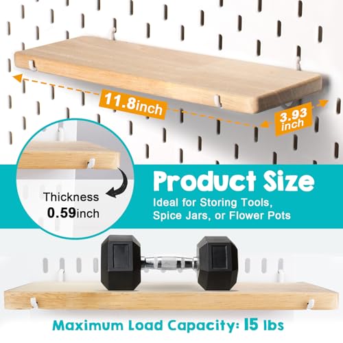 2 Pack Pegboard Shelves, Solid Wood Wall Shelf with Hooks, Compatible with IKEA Skadis Pegboard, Organizer Accessories for Home & Office