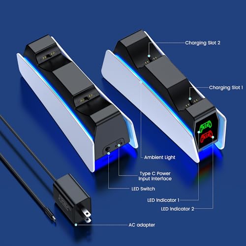 PS5 Controller Charger Station for PlayStation 5 Controllers with LED Light Dual Stand Charger Dock, PS5 Controller Charging Station Accessories for PlayStation 5 Storage Kit with AC Adapter - size: S-Charger